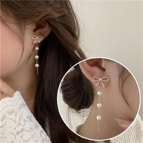 Bow Pearl Drop Earrings | Coquette Minimalist Jewelry, Wedding & Party - Picture 3 of 6